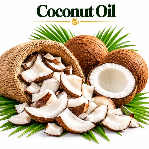 Coconut Oil with coconuts and copra