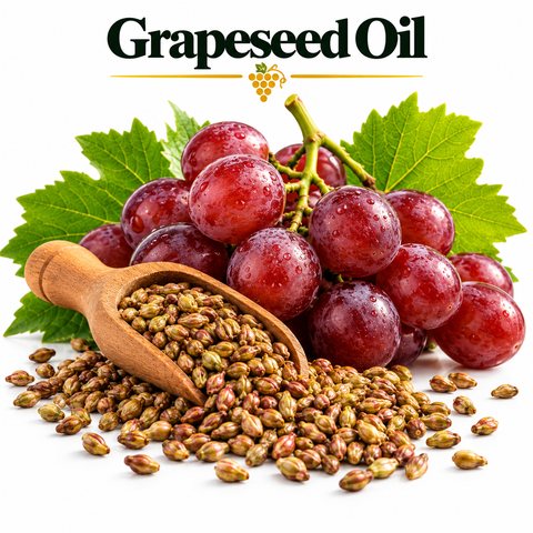 Grapeseed Oil with red grapes and grape seeds